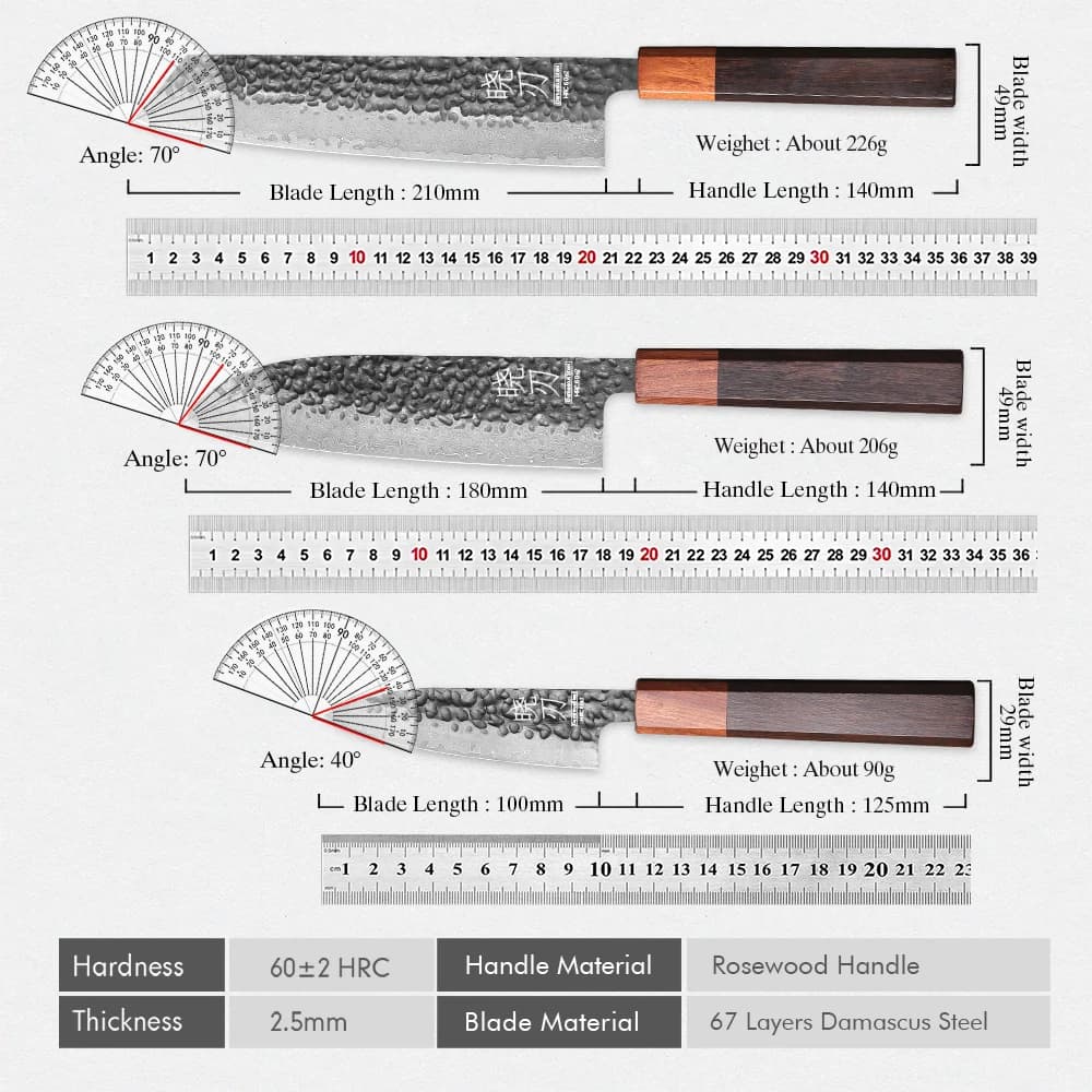 Dimensões e especificações técnicas das facas Kiritsuke e Santoku com cabo de madeira e lâmina em aço Damasco