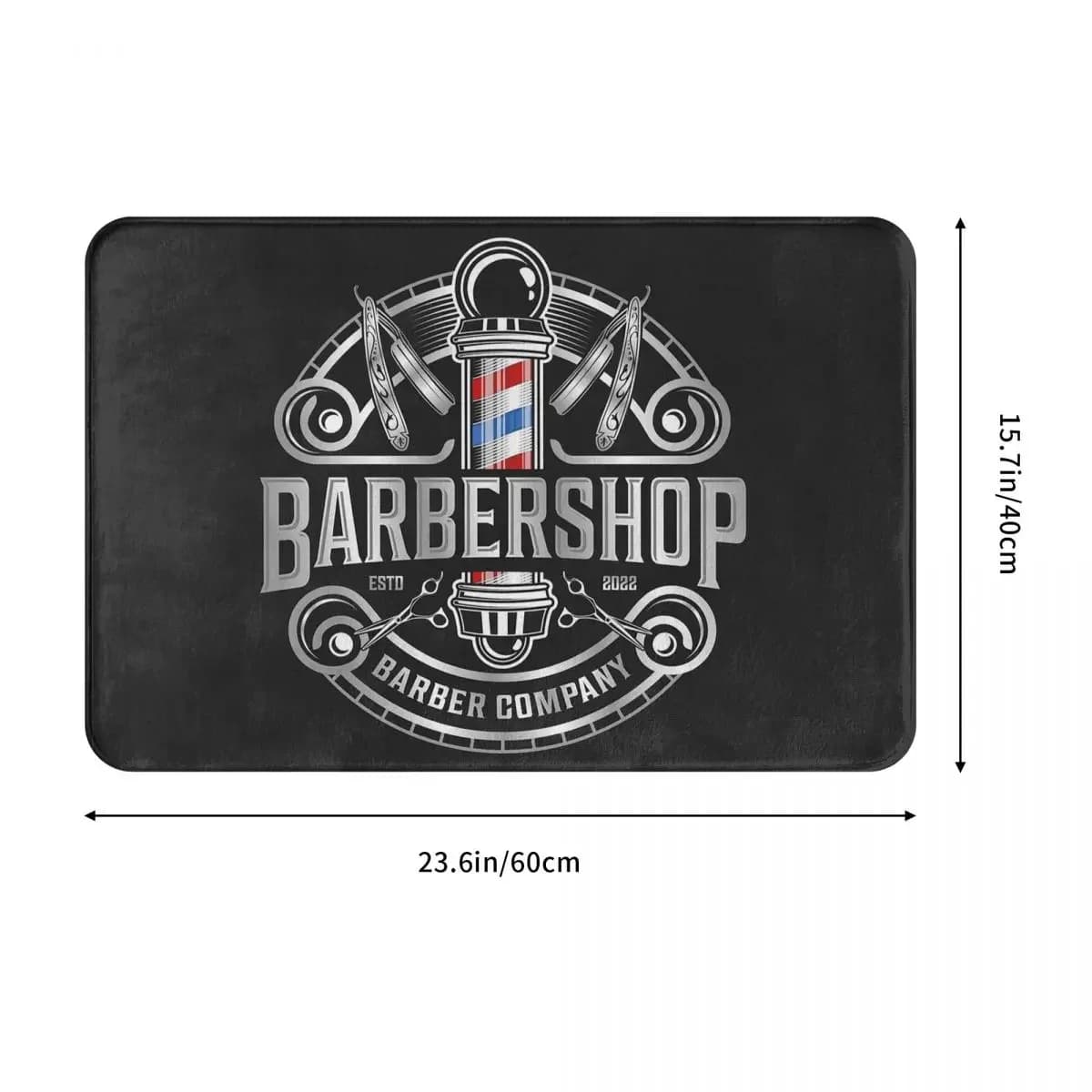 Capacho preto antiderrapante Barbershop com estampa vintage para entrada de barbearia e casa