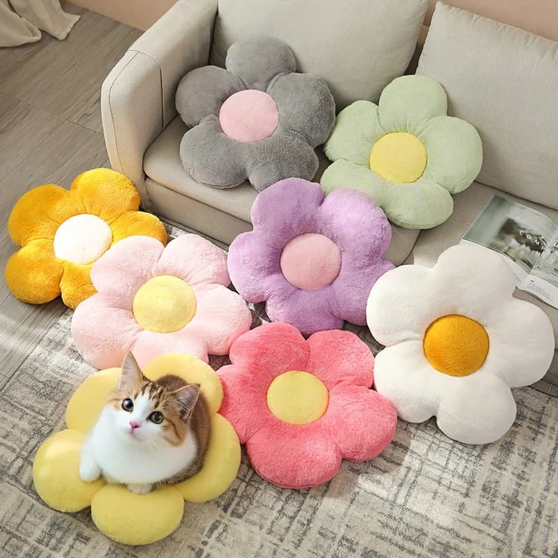 Cama de pelúcia em forma de flor multicolorida para animais de estimação – Almofada macia para gato/cachorro, tapete lavável para animais de estimação, decoração de quarto de animal de estimação, ideal para sofá/quarto