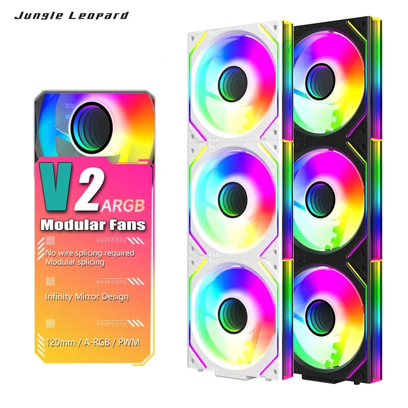 Ventilador de caixa de PC ARGB de 120 mm com espelho infinito - sincronização PWM de corrente de margarida de 5 V e 3 pinos, ventilador de resfriamento para jogos Jungle Leopard Interstellar V2