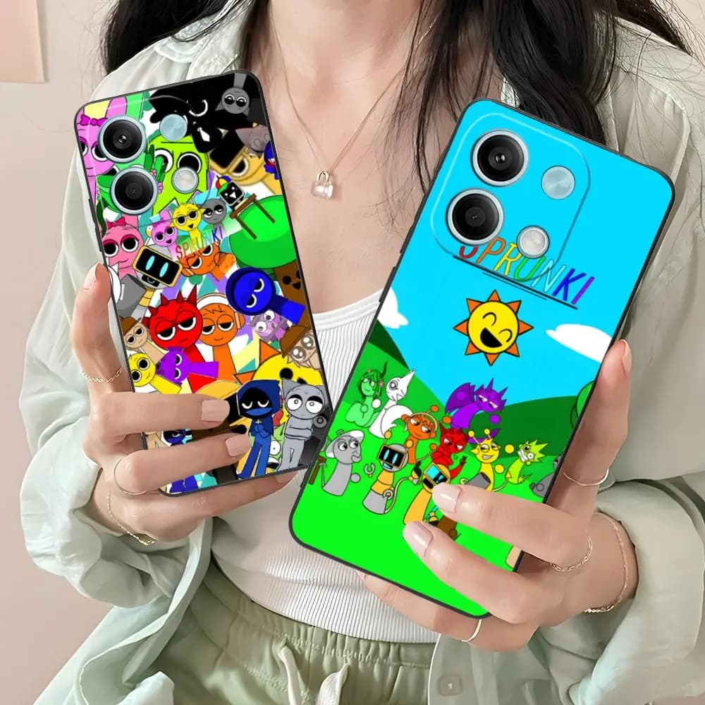 Capa colorida para Xiaomi Redmi Note 14 com estampa Sprunki multicolorida e personagens animados