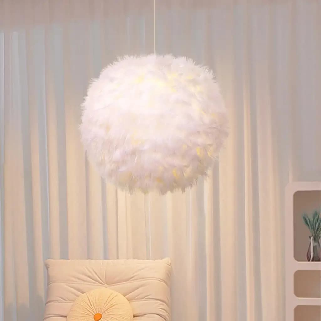 Lâmpada pendente de pena branca moderna e fofa, design de fada, luminária para quarto e sala de estar, LED.