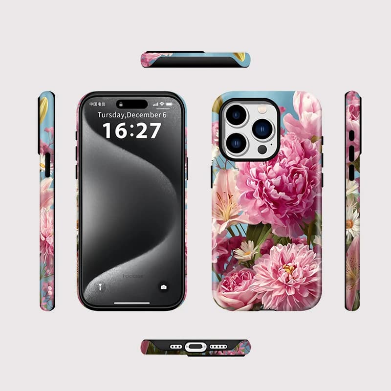 Capa de telefone fosco com design floral de rosas rosa e azul para iPhone