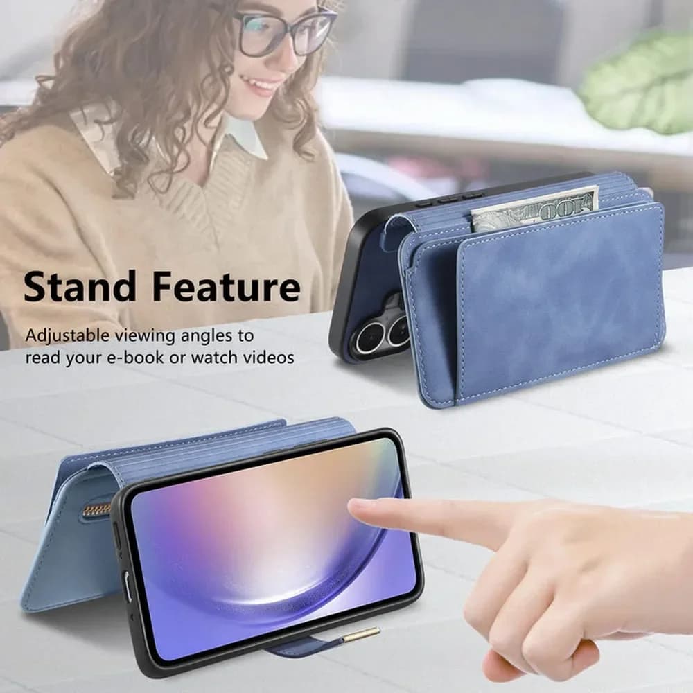Capa carteira azul para Xiaomi Redmi Note 14 com zíper e suporte ajustável para vídeo