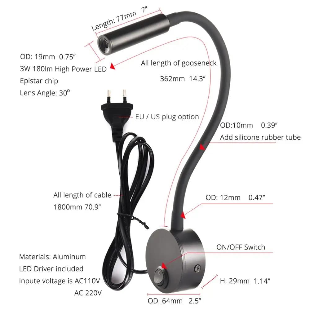Luminária de parede LED 3W com cabo flexível, plugue UE/EUA, interruptor on/off e corpo em alumínio