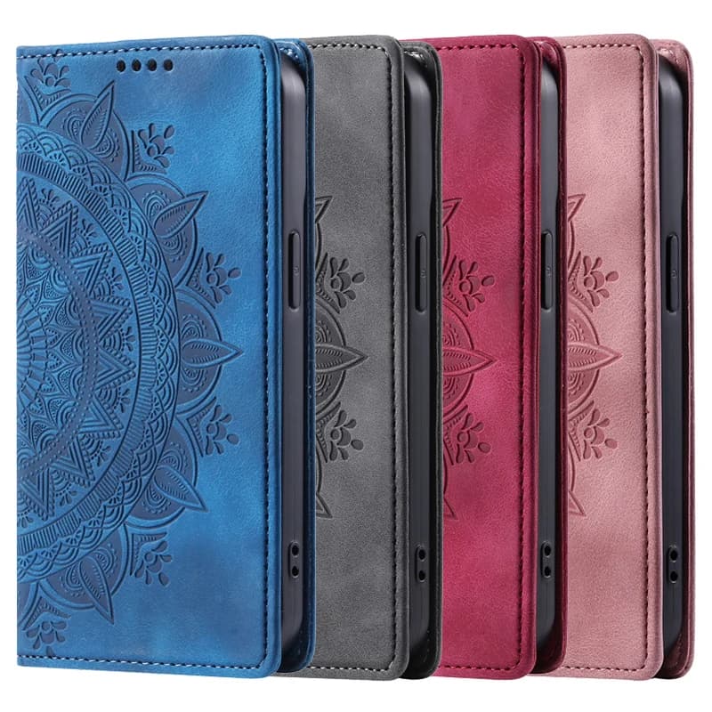 Capa flip de couro para Motorola MOTO G86 com design geométrico floral em azul, cinza, rosa e marrom