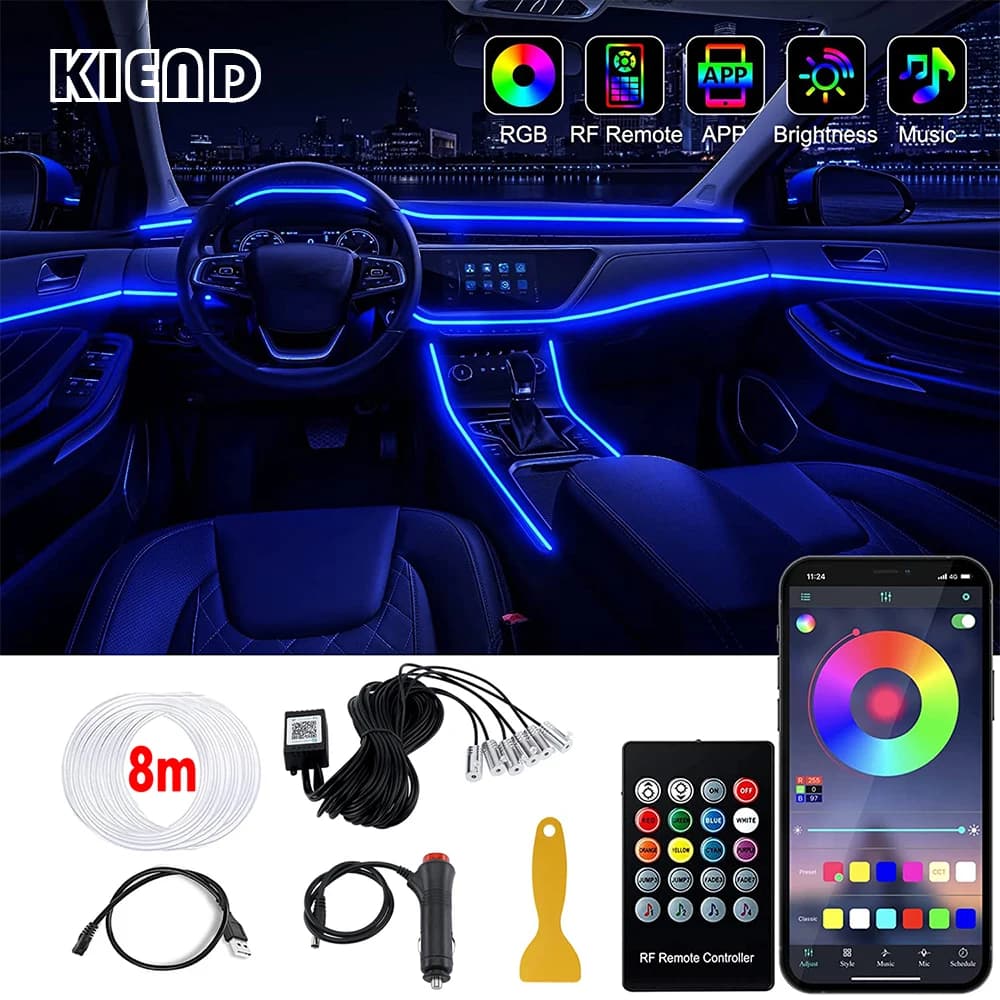 LED Car Interior Ambient Strip Lights, RGB Fibra Óptica, Atmosfera Neon Lighting Kit, Controle Remoto, Auto Lâmpadas Decorativas