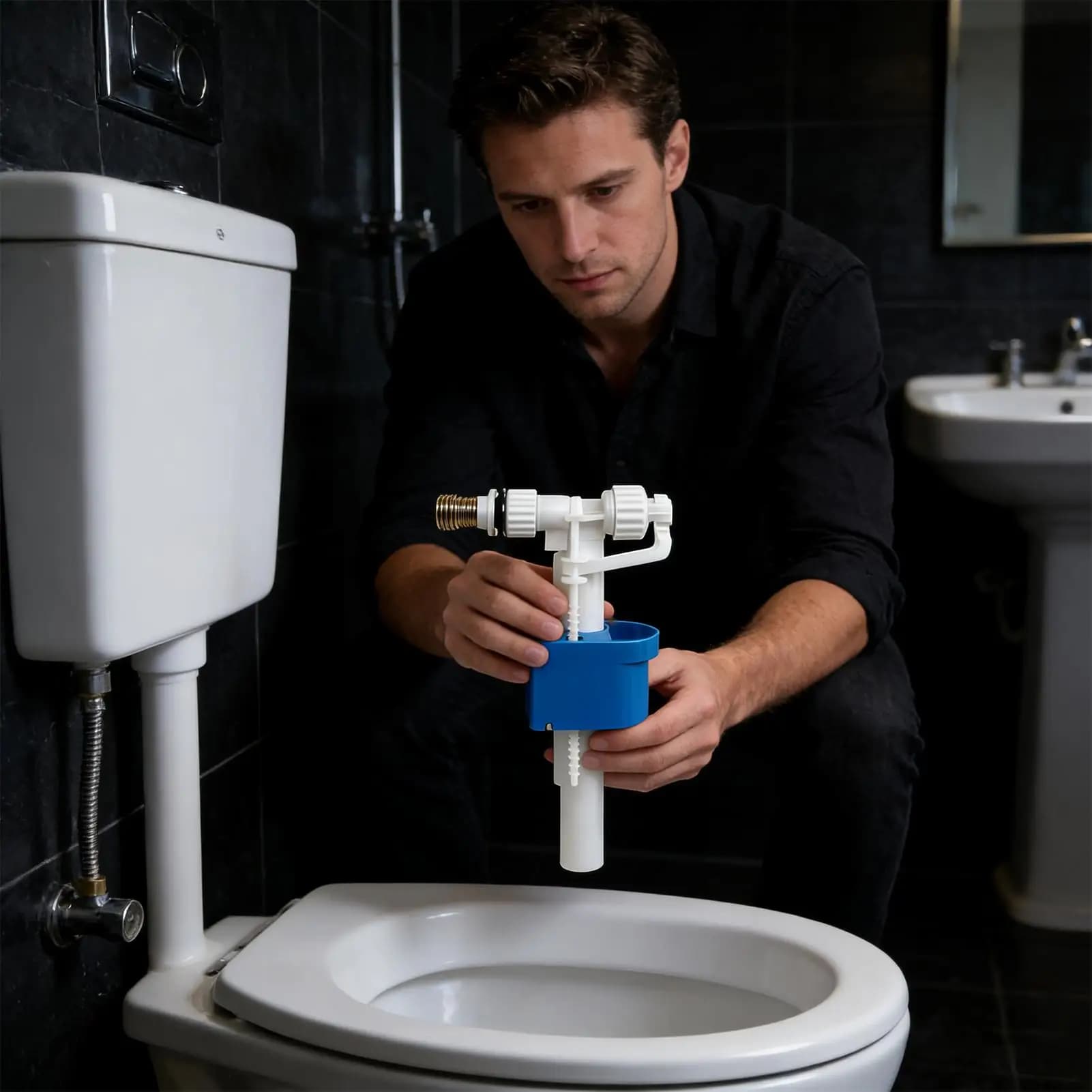 Homem instalando válvula de descarga branca e azul em vaso sanitário profissional