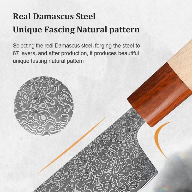 Faca Nakiri de aço damasco 67 camadas com padrão natural único e cabo de madeira vermelha
