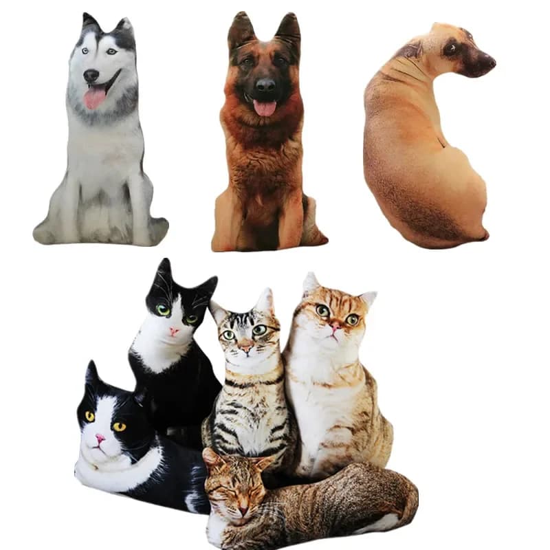 Bonecas de pelúcia 3D realistas de gatos e cães em poses variadas, fundo branco