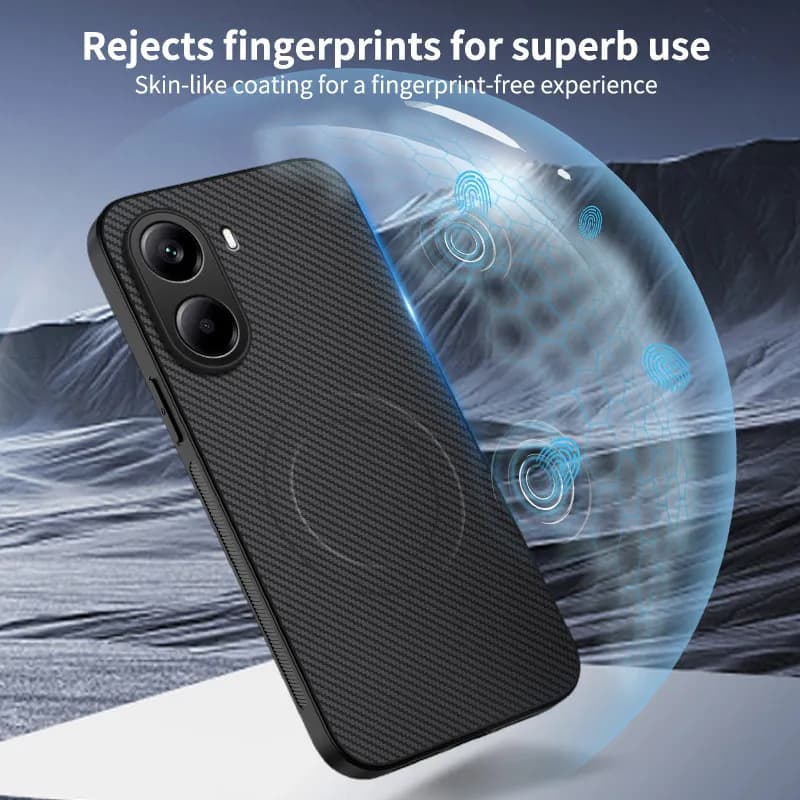 Capa preta para Xiaomi POCO X7 com textura de fibra de carbono e revestimento anti-impressão digital