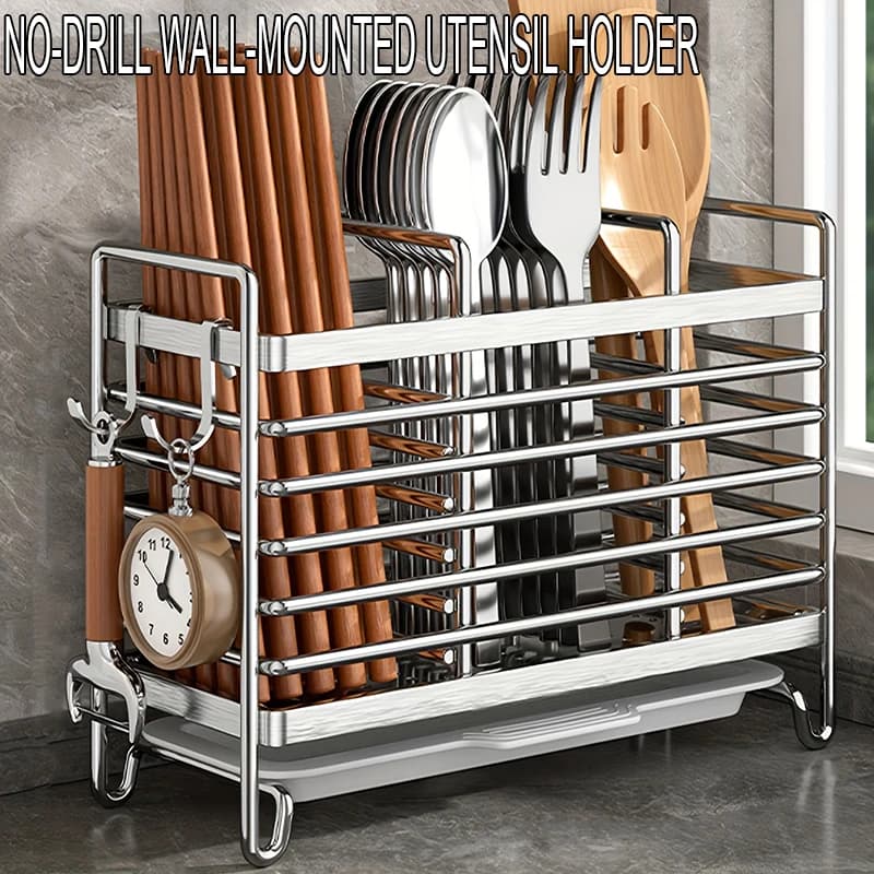 Suporte de Utensílios de Parede Sem Furos em Aço Inoxidável, Organizador Economizador de Espaço para Talheres de Cozinha, Ideal para Espaços Pequenos