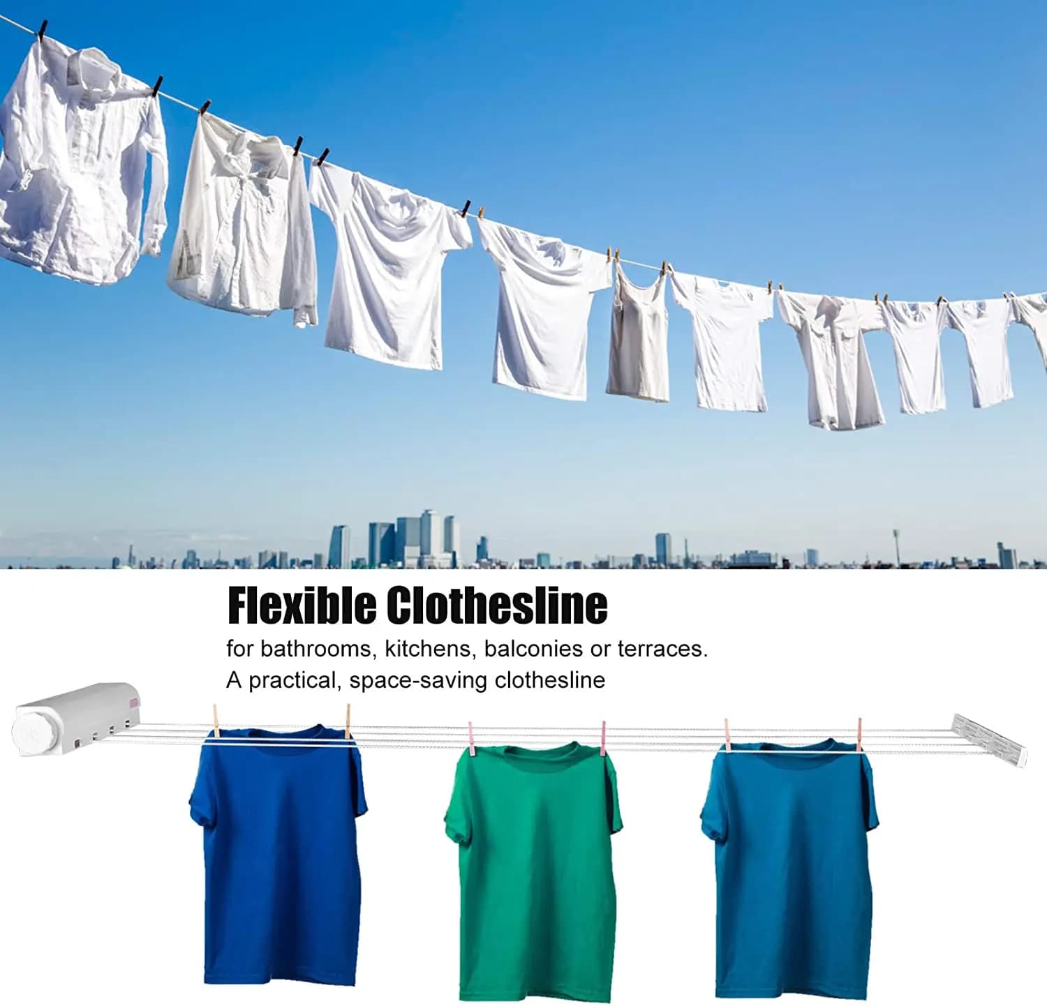 Varanda retrátil telescópica para pendurar roupas, fixada na parede, com roupas de cores diferentes.