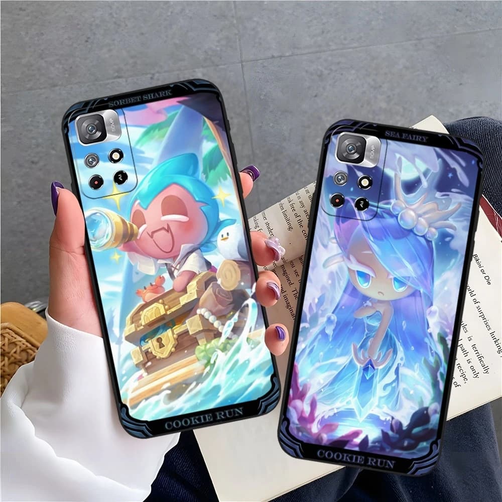 Capas de telefone Cookie Run Kingdom para Xiaomi com personagens e texto 'COOKIE RUN' na parte inferior.