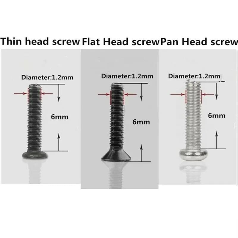 Dimensões de parafusos para notebook cabeça fina, cabeça plana e cabeça pan com 1.2mm de diâmetro e 6mm de comprimento
