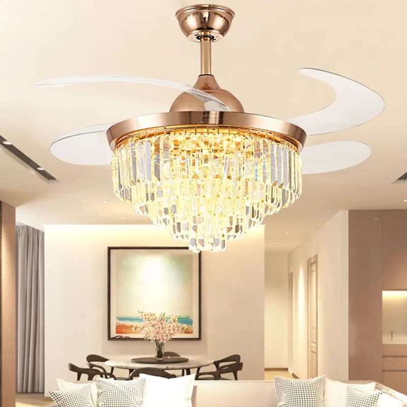 Ventilador de teto luxo com luz LED, hélices transparentes, acabamento ouro e cristal decorativo