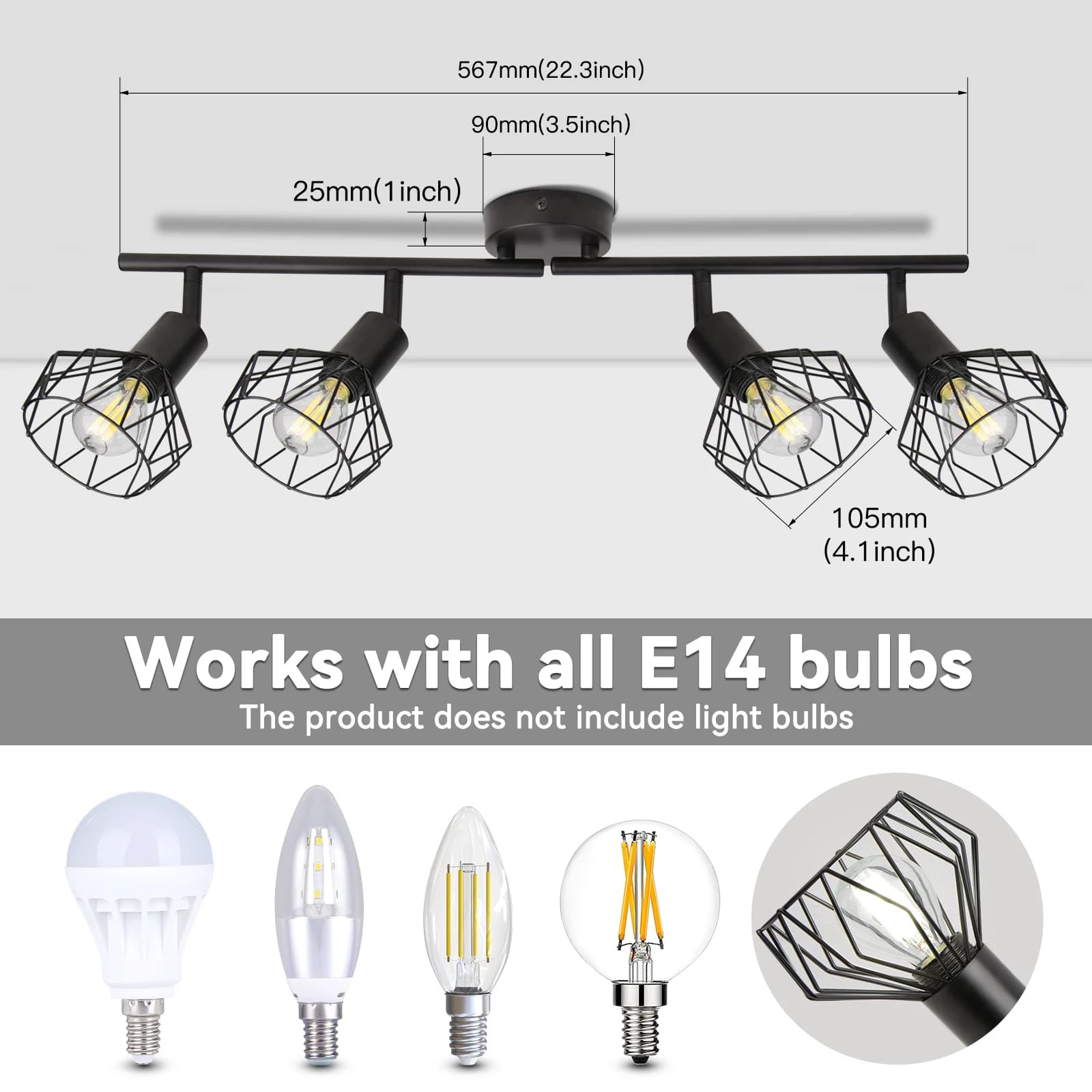 Luminária de Teto Industrial Moderna com LED, Spot Light Substituível E27/E14, Lustre Retrô de Ferro para Sala de Estar e Cozinha