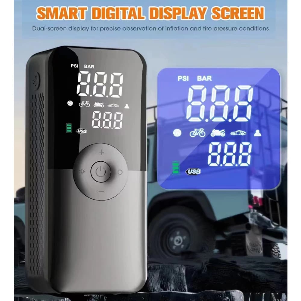 Compressor de ar portátil elétrico cinza e preto com tela digital