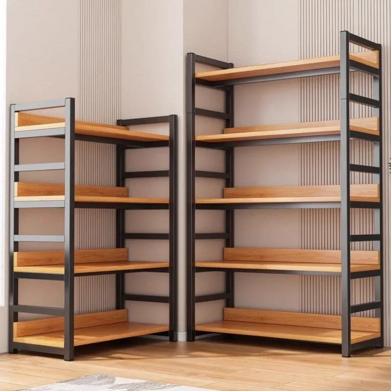 Estante multicamadas de chão em aço e madeira com proteção contra quedas