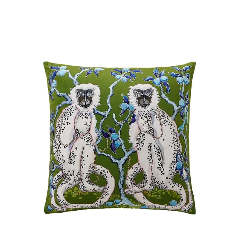 Capa de almofada verde com estampa de macacos em estilo chinês feita em poliéster macio
