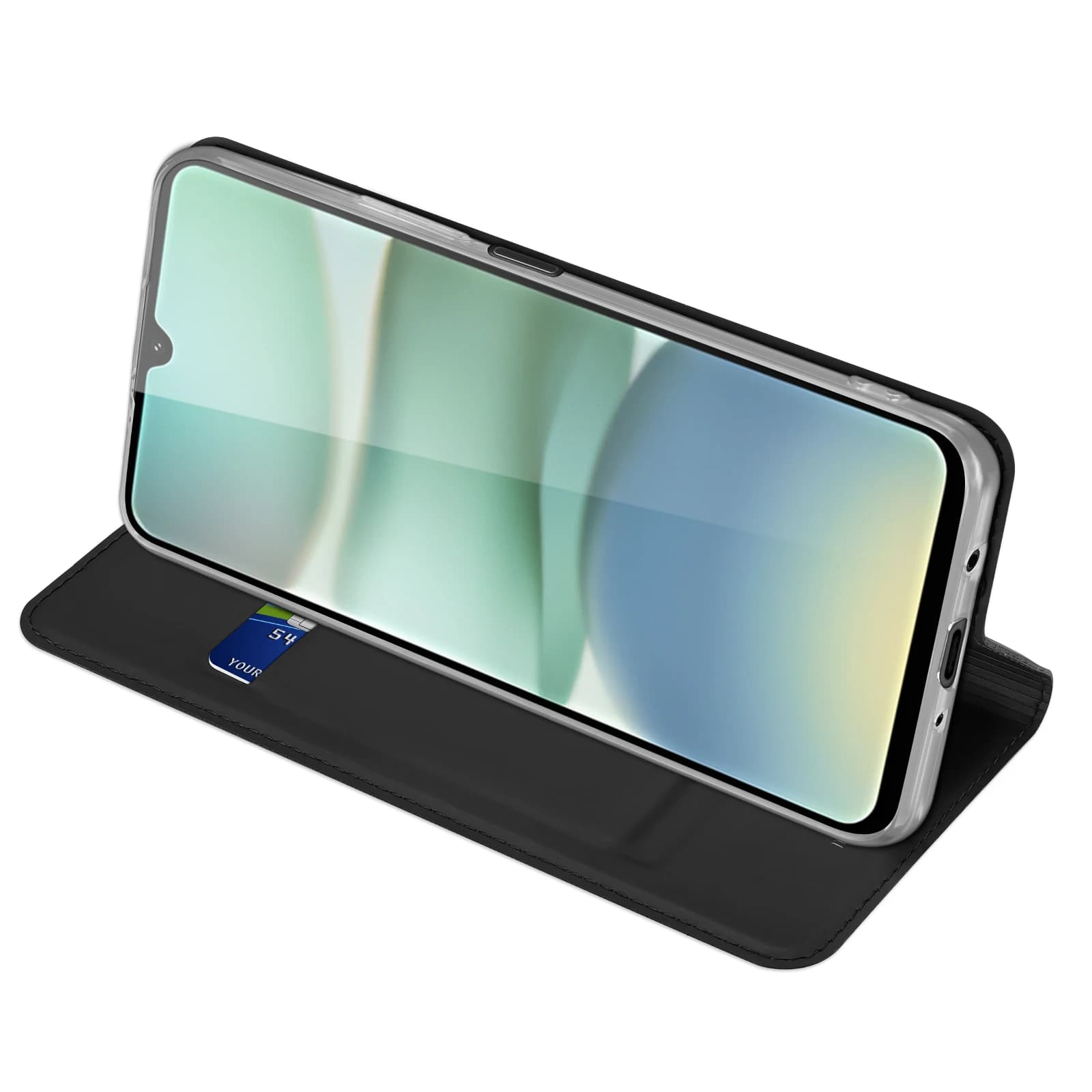 Capa preta para Xiaomi Poco C71 4G em couro com suporte para cartão e função suporte para vídeo