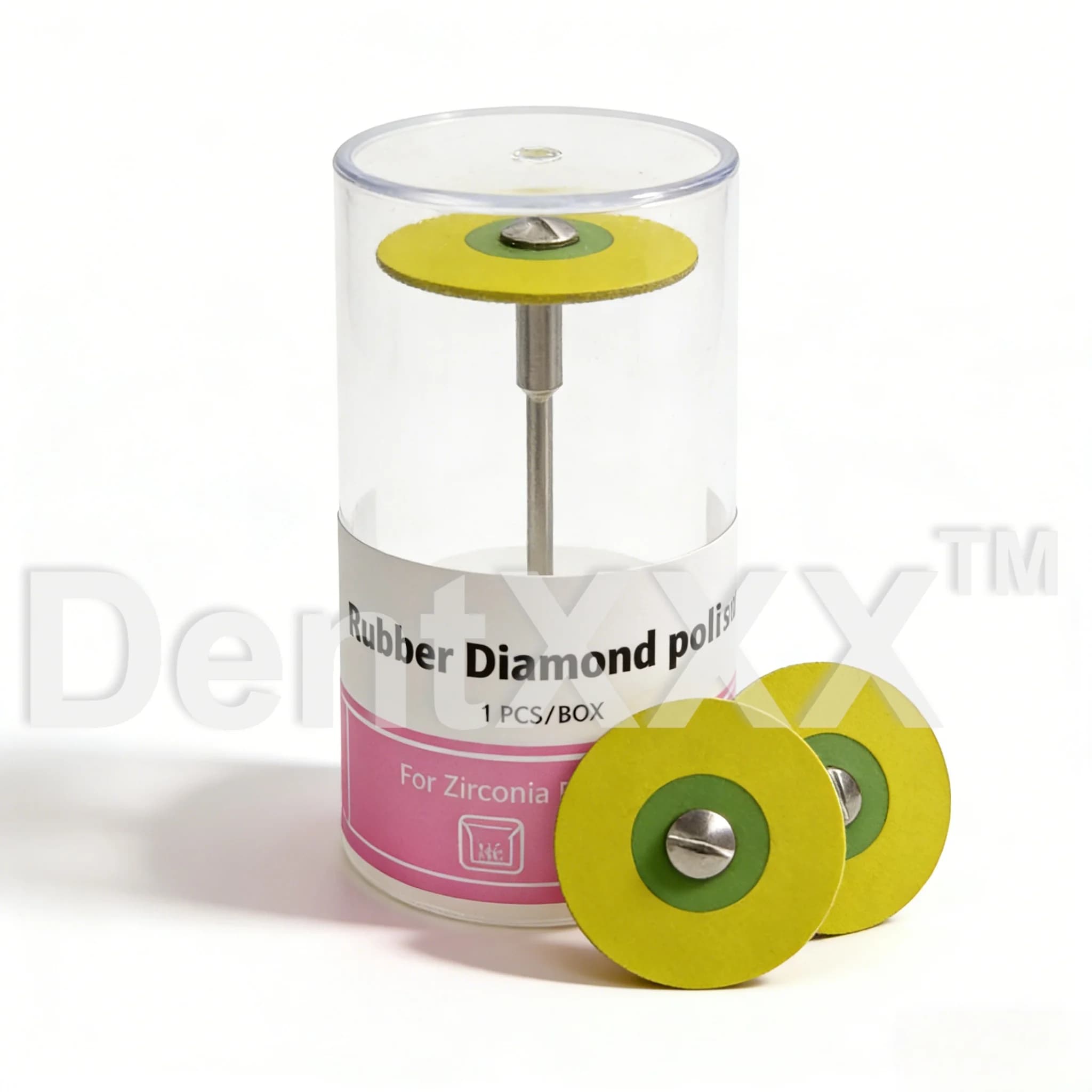 Polidor de borracha amarelo com diamante para polimento de zircônia, haste 2,35mm, embalagem transparente