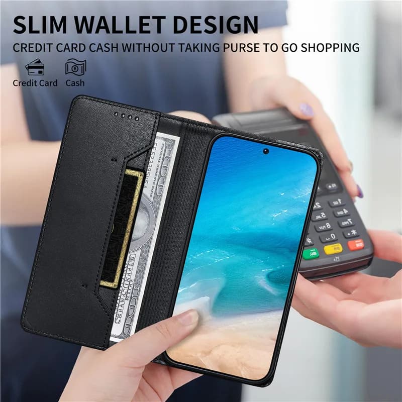 Capa preta para celular Xiaomi Poco C61 com design carteira fina e compartimento para dinheiro e cartão