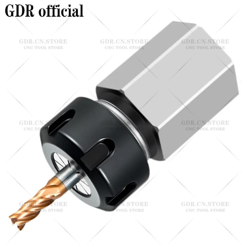 Suporte de ferramenta GDR ER25 com base hexagonal prata e colar preto segurando fresa dourada