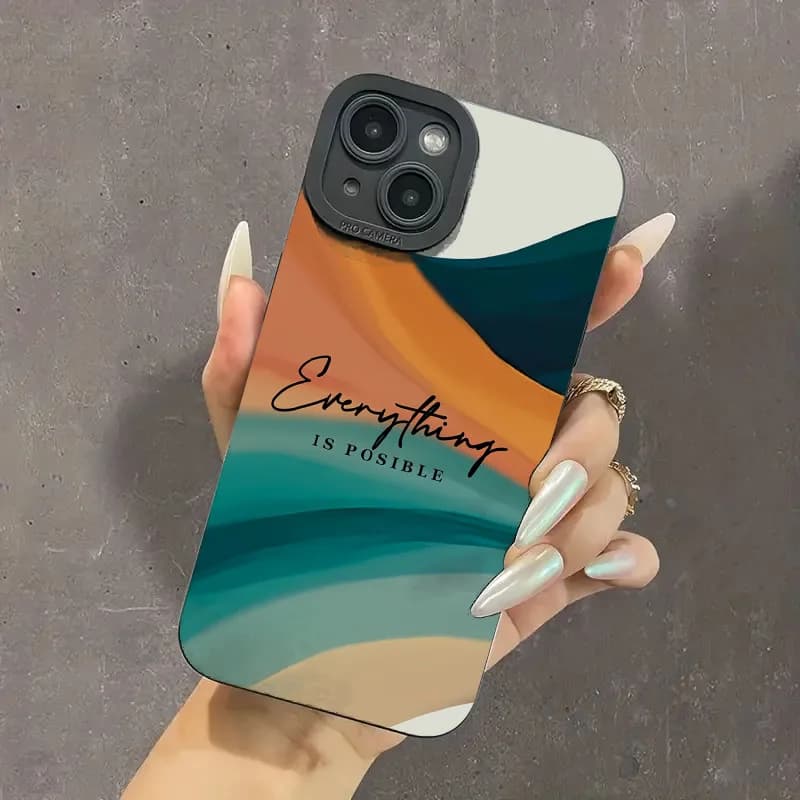 Capa de telefone multi-colorida listrada com citação 'Everything is possible' para iPhone 13 Pro Max