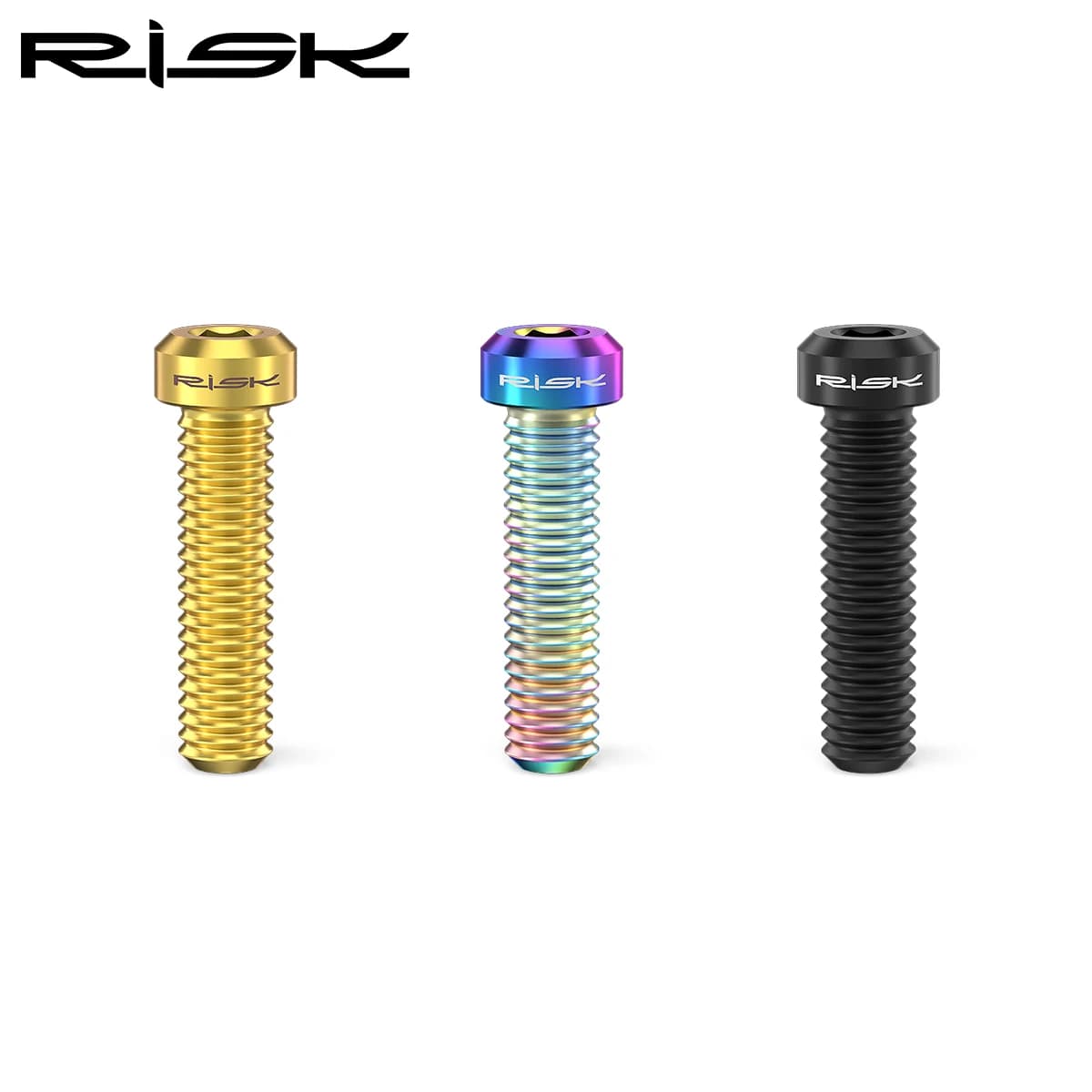 Conjunto de 3 parafusos para freio a disco RISK M6x23.5mm titânio nas cores dourado, multicolorido e preto