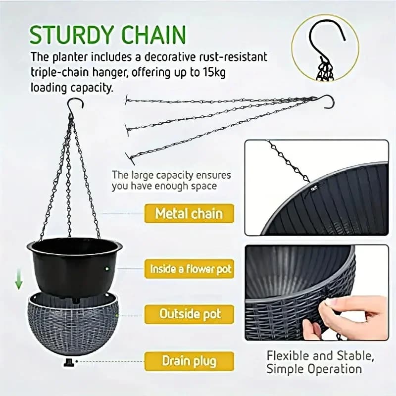 Vaso suspenso preto com corrente metálica, vaso interno e externo, plug de drenagem e operação simples