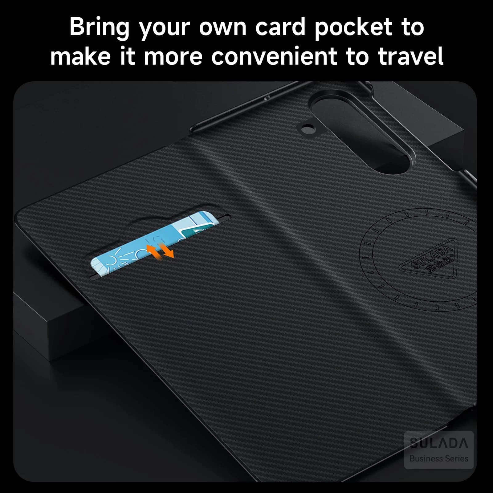 Capa preta para Galaxy Z Fold 7 com bolso para cartão integrada em fibra de carbono