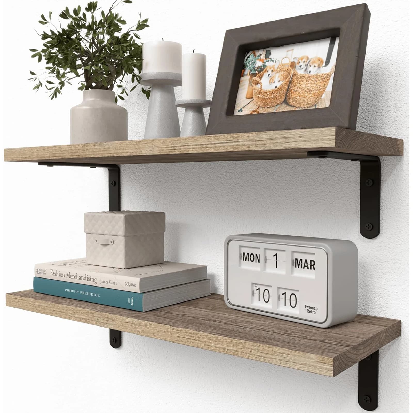 Prateleiras flutuantes de parede de madeira, 2 conjuntos de prateleiras para decoração de parede, armazenamento de banheiro, quarto, sala de estar