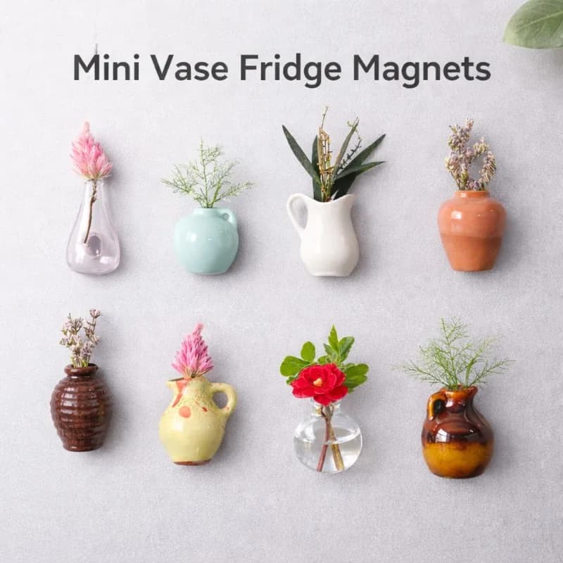 Conjunto de vasos decorativos magnéticos coloridos em resina para geladeira com mini flores variadas