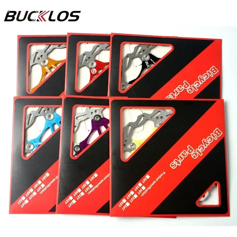 Embalagens de rotores de freio Bucklos para bicicleta com design preto e vermelho