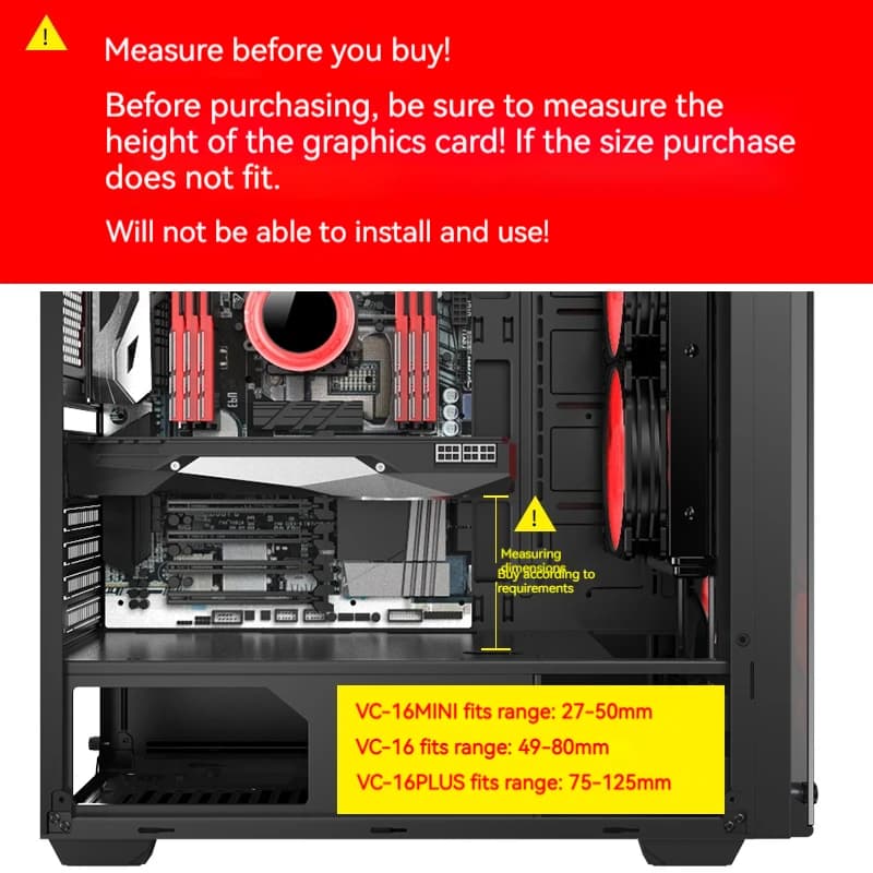 Suporte para placa de vídeo gamer ajustável universal instalado em gabinete ATX com indicação de medidas de altura