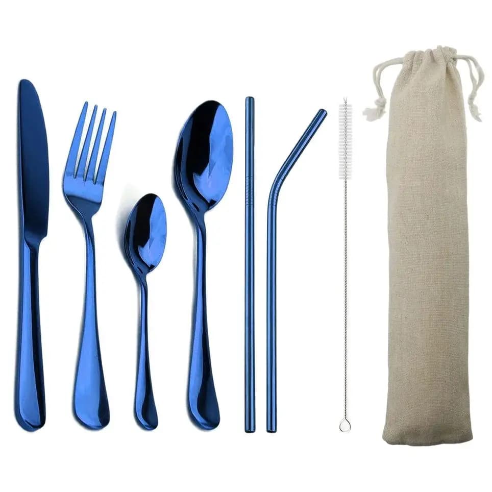 Conjunto de talheres de aço inoxidável azul com faca, garfo, colher de chá, colher, canudos e sacola de algodão