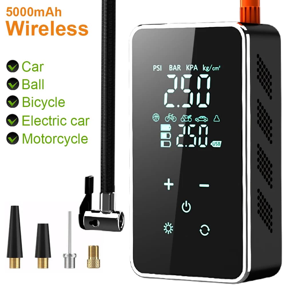 Bomba de ar sem fio com tela sensível ao toque e chave portátil para inflar pneus de carro, bicicleta, motocicleta.