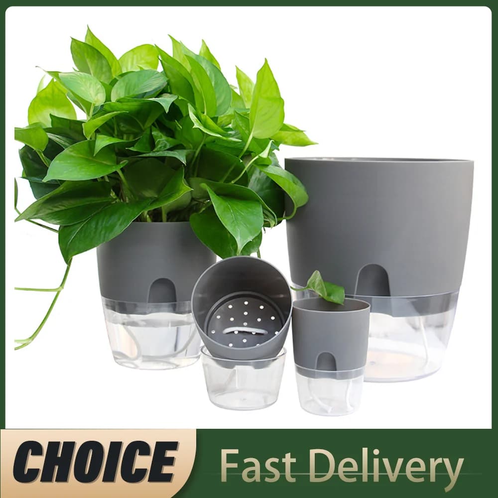 Vaso de flores de plástico transparente de dupla camada, vaso de flores com rega automática, corda de algodão, vaso de plantas com porta de injeção