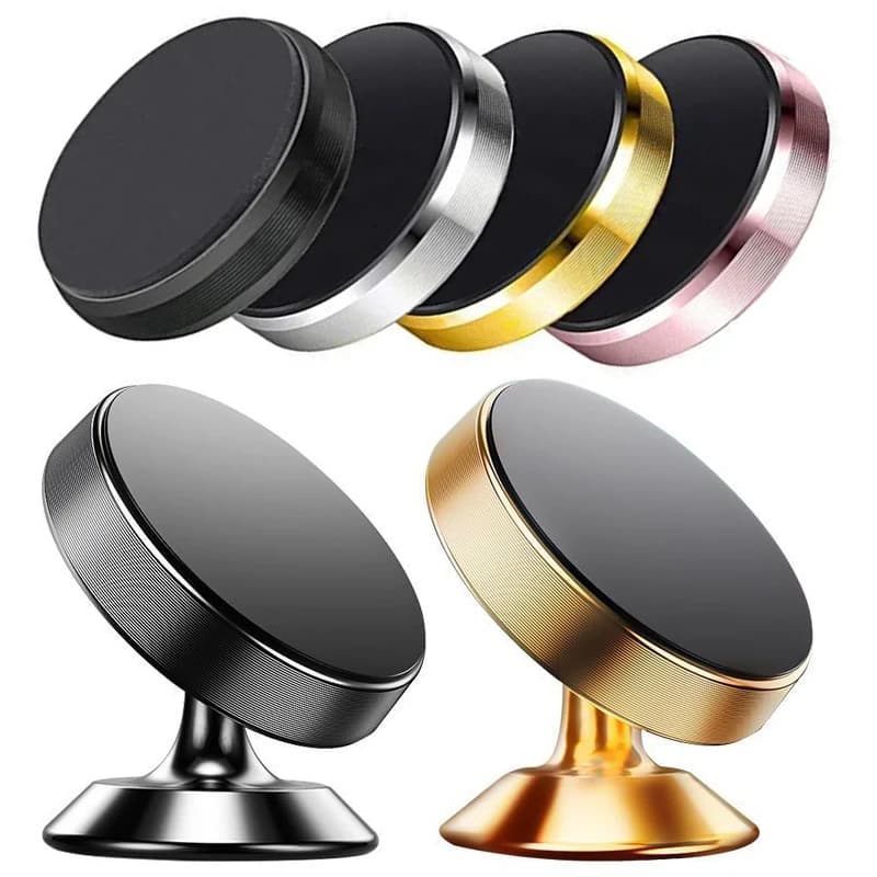 Suporte magnético para telefone de carro com base preta e parte superior metálica em preto, prata, dourado e rosa