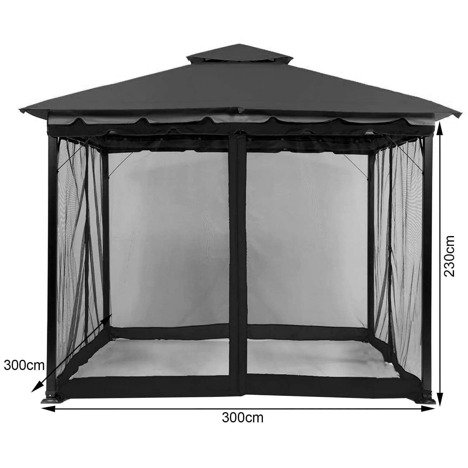 Gazebo preto com mosquiteiro tela net 4 painéis com medidas 300x300x230 cm