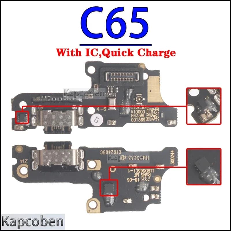 Módulo de carregamento USB preto Xiaomi Poco C65 com IC para carga rápida, placa eletrônica detalhada