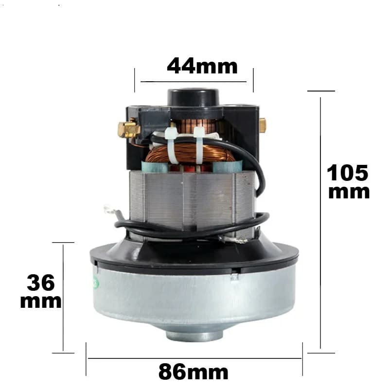 Motor do aspirador com medidas detalhadas, diâmetro 86mm, altura 105mm, comprimento 36mm
