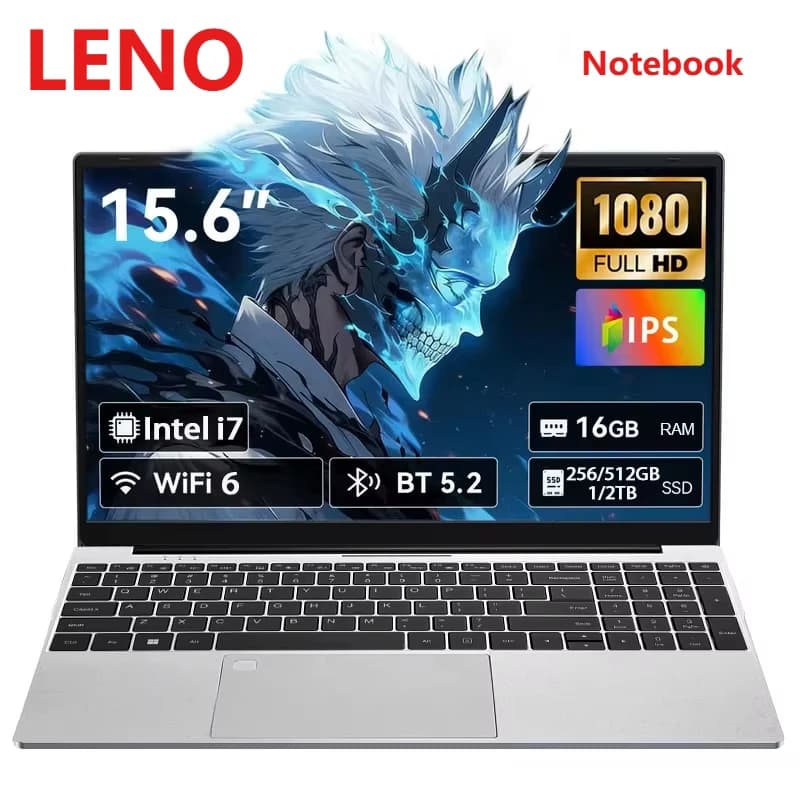Notebook LENO de 15,6 polegadas com Intel i7, 16GB RAM, WiFi 6, BT 5.2, e 256/512GB SSD