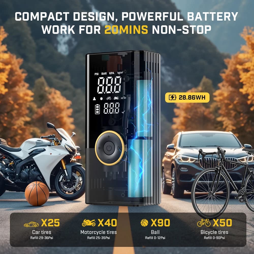 Bomba de ar sem fio 150psi portátil Carsun, inflador elétrico para pneus de carro, bicicleta e motocicleta, mini compressor de ar com tela digital.