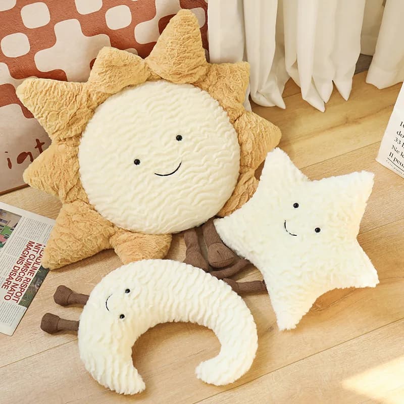 Conjunto de almofadas de pelúcia infantil branco com sol amarelo, lua e estrela macias e sorridentes