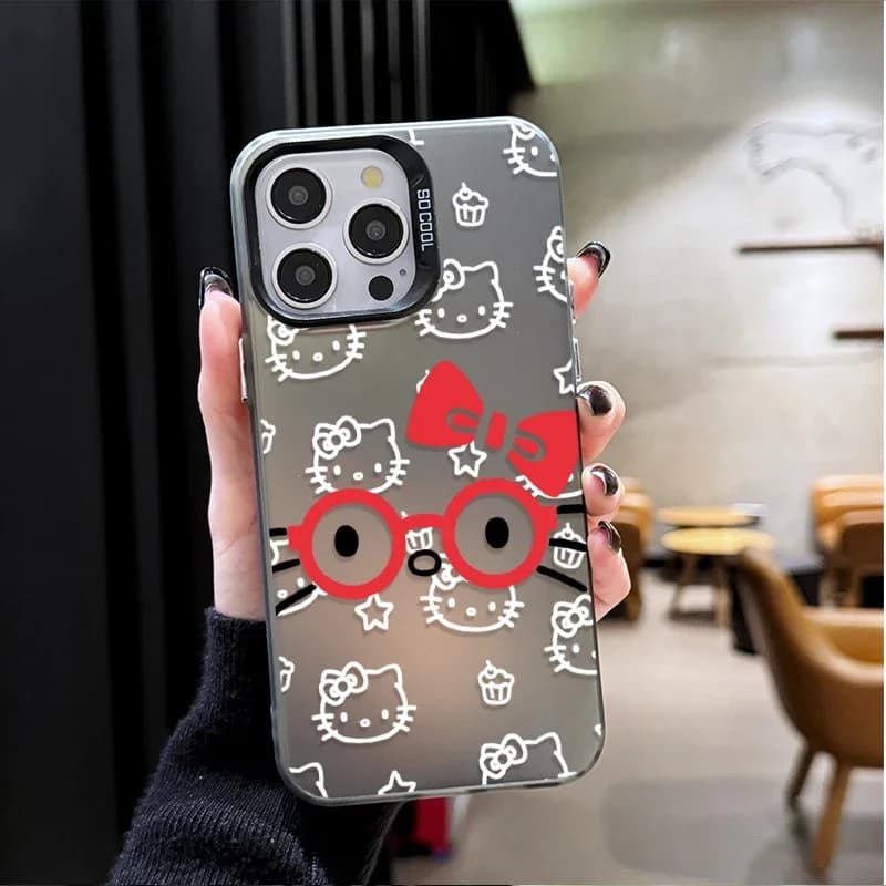 Capa para Xiaomi Redmi 15 cinza fosca com estampa Hello Kitty e detalhes em vermelho e branco
