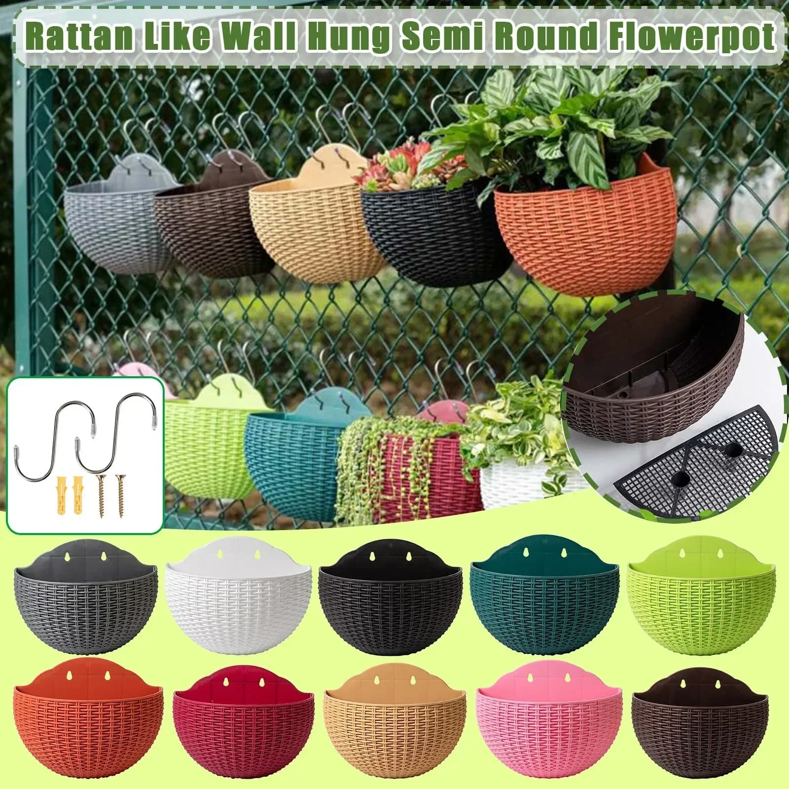 Cestas de flores penduradas de rattan artificial em várias cores, decoração de jardim, suspensão de parede
