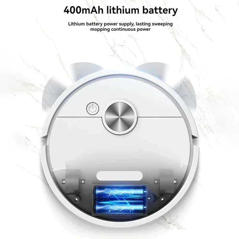 Robô aspirador de pó branco mostrando bateria de lítio 400mAh interna com luz azul