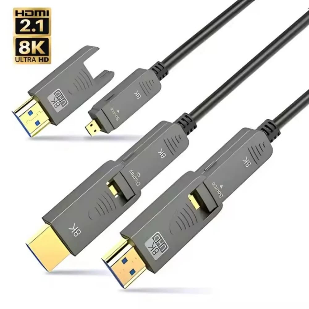 Três cabos de fibra óptica HDMI 2.1 8K Ultra HD cinza com conectores dourados